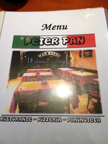 Menükarte in der Pizzeria "Peter Pan"